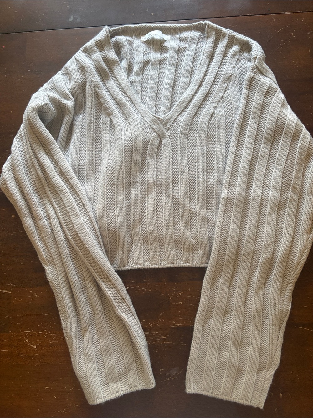 OAK + FORT Light Gray Ribbed V-Neck Sweater